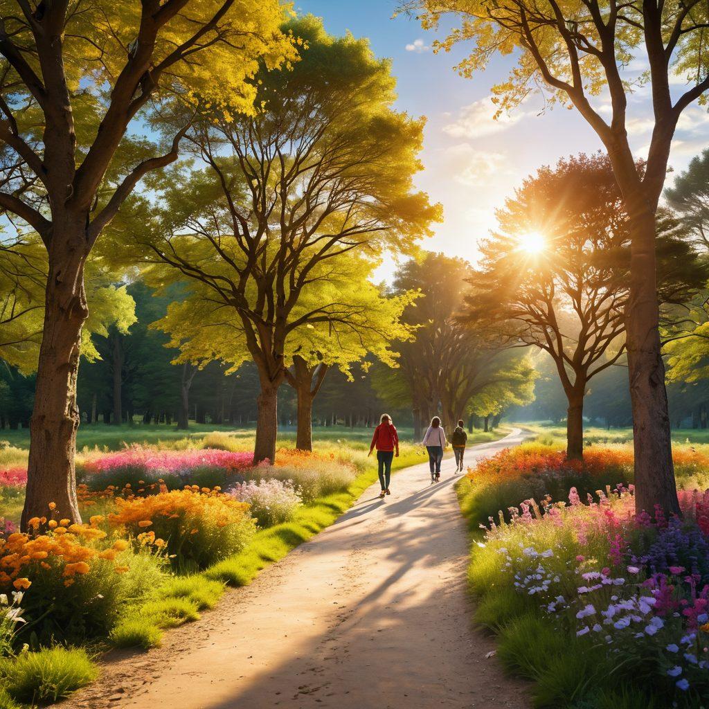 A serene landscape featuring a winding path illuminated by warm golden sunlight, lined with blooming flowers and towering trees, representing a journey toward happiness. In the foreground, a diverse group of people walking together, smiling and sharing joyful moments, with expressions of hope and positivity. In the sky, a radiant sun breaking through fluffy clouds, casting vibrant colors over the scene. whimsical illustration. vibrant colors. soft focus.
