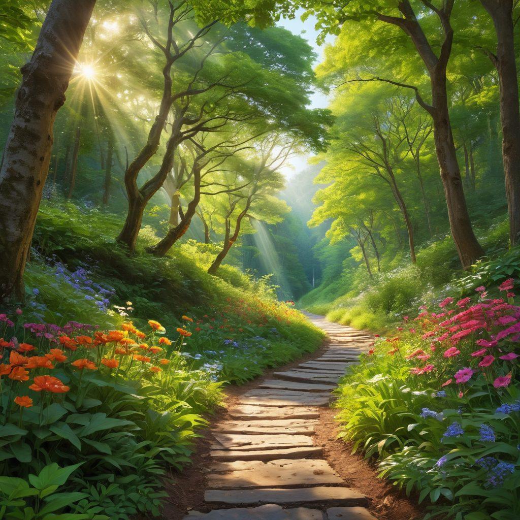 A serene landscape featuring a winding path through a lush green forest, with dappled sunlight filtering through the leaves, symbolizing a journey of self-discovery. Along the path, cheerful flowers bloom in various vibrant colors, representing joy and contentment. Include a person walking with an aura of tranquility, reflecting inner peace. The sky is bright and inviting, creating an uplifting atmosphere. vibrant colors. super-realistic.