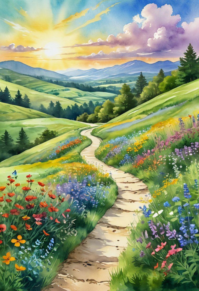 A serene landscape featuring a winding path through lush green hills, symbolizing the journey towards happiness. Along the path, colorful wildflowers bloom, and a radiant sun peers through fluffy clouds, casting warm light on a joyful group of diverse individuals laughing and engaging in uplifting activities together. Elements like butterflies and birds add a sense of freedom and joy. watercolor style. vibrant colors. tranquil atmosphere.